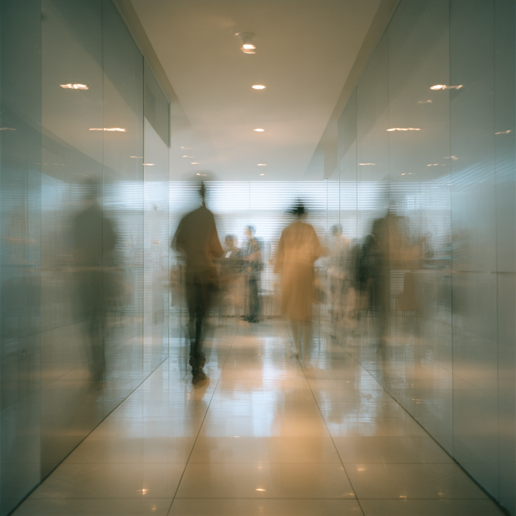 Menschen die in einem Gang gehen, das Bild wirkt verschwommen