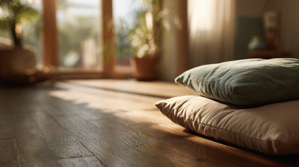 Holzboden mit zwei Kissen im Sonnenlicht, Fenster im Hintergrund, natürliche und ruhige Atmosphäre.