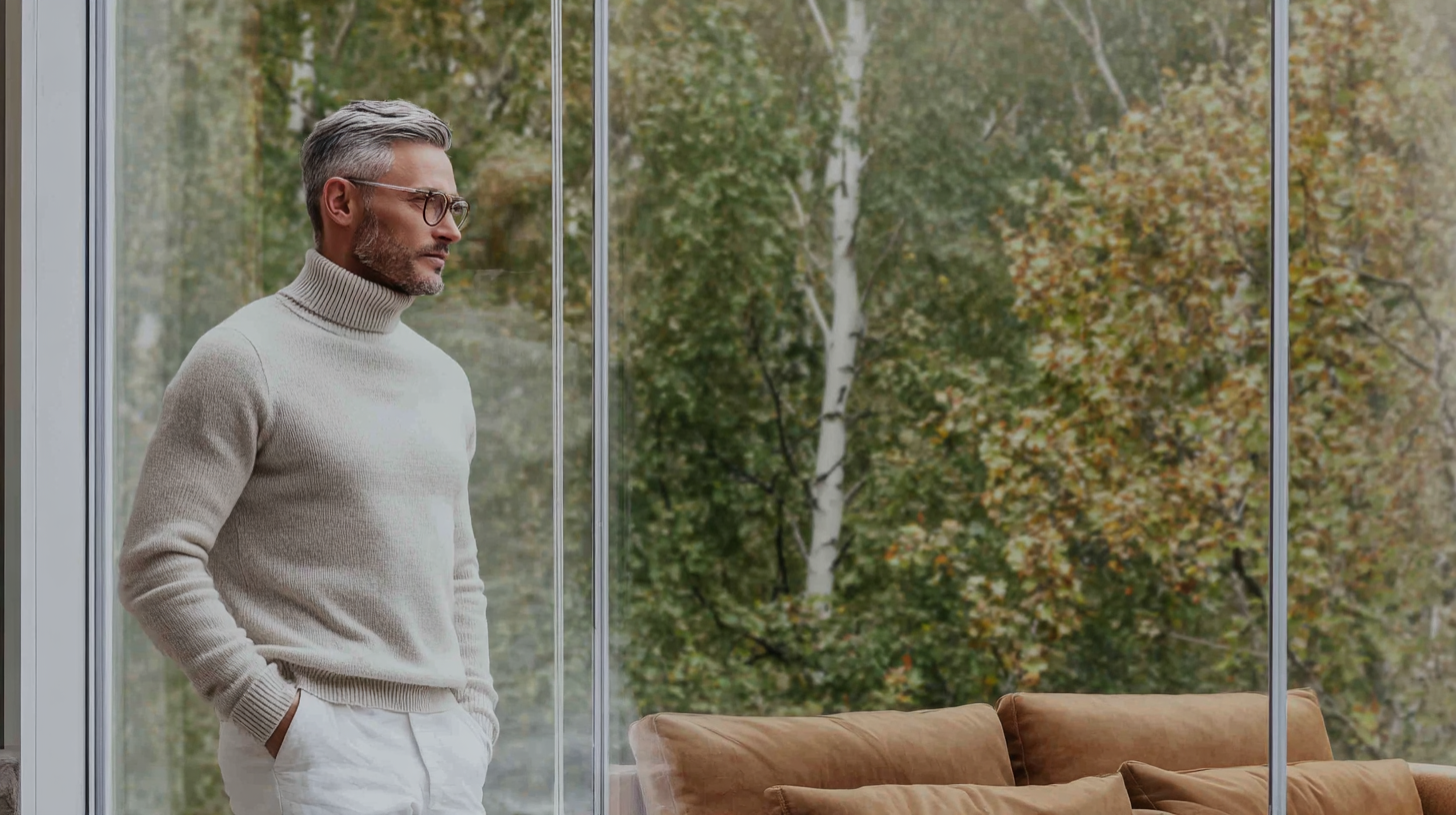 Mann im Rollkragenpullover blickt aus Panoramafenster auf Waldlandschaft.