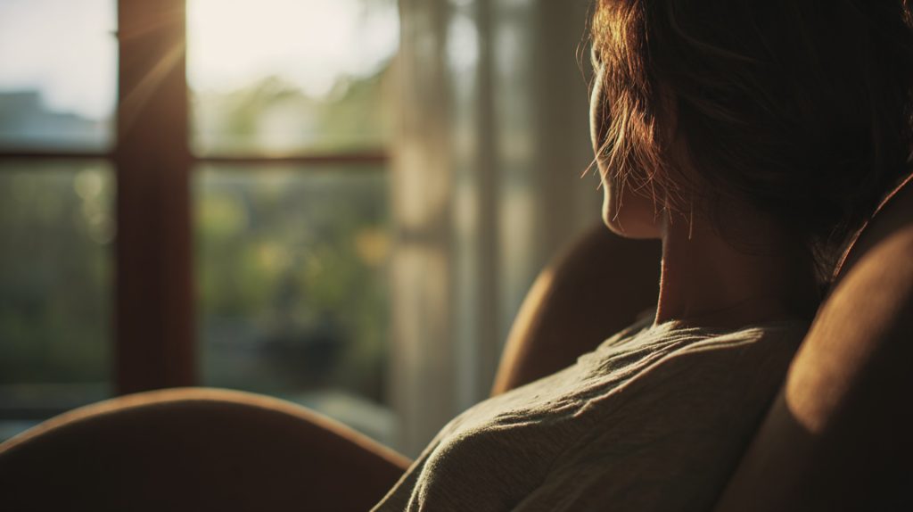 Person sitzt entspannt auf einem Stuhl und blickt bei Sonnenuntergang aus einem Fenster.