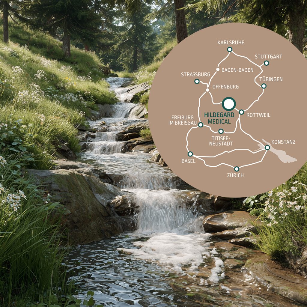 Ein plätschernder Waldbach mit üppigem Grün im Vordergrund, daneben eine Karte mit der Lage von Hildegard Medical in Baden-Württemberg.