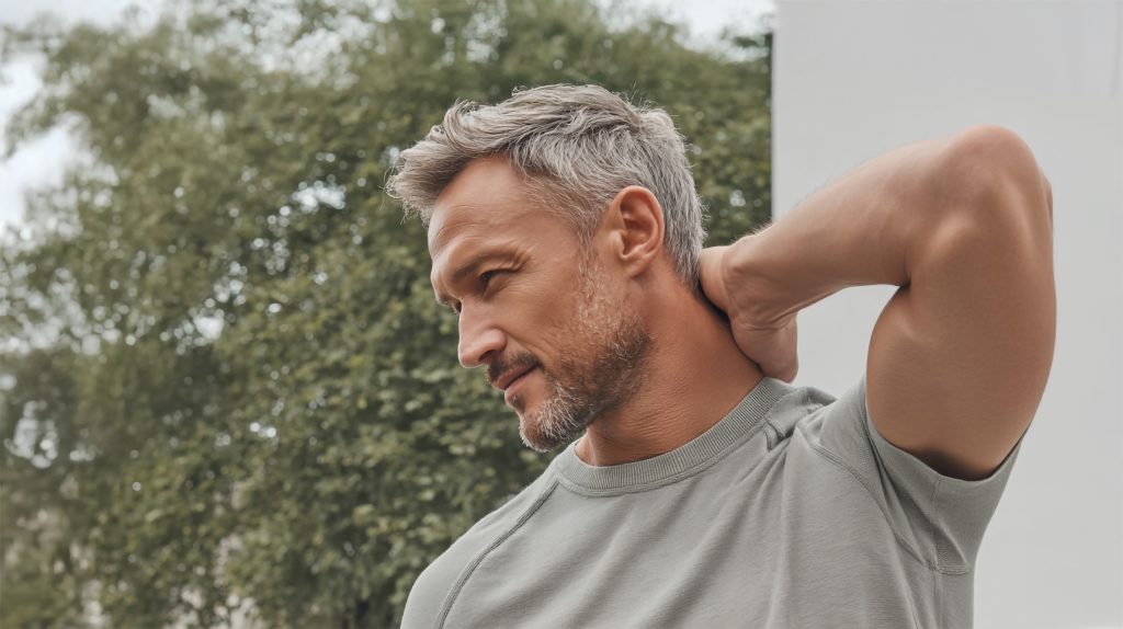 Ein Mann mit grauem Haar hält seine Hand an den Nacken, vor einem unscharfen grünen Hintergrund.